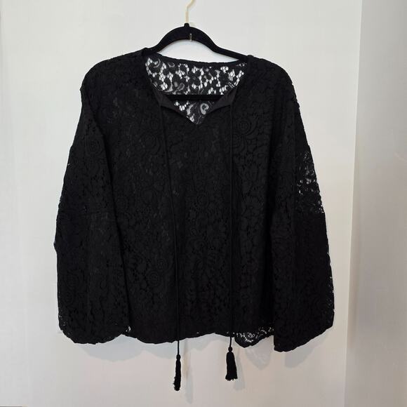 New Black Crochet Lace Top Size M Lined Balloon Sleeve Boho Dark Romantic - Picture 2 of 8